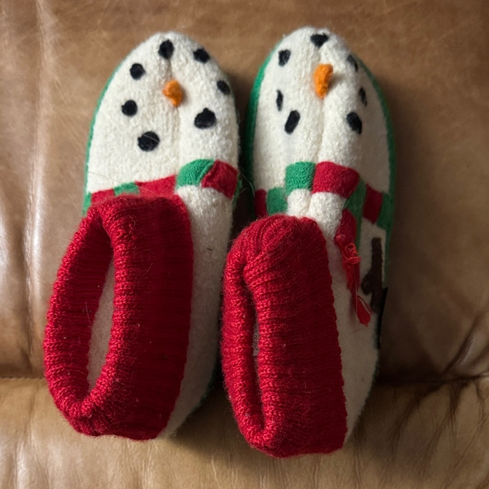 Garnet Hill Snowman wool Slippers - Red, Green, and White